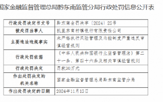 凯里东南村镇银行被罚30万元：未严格执行风险管理及内控制度严重违反审慎经营规则